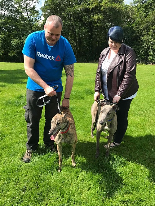 Keith became Fred and Mitzy became Ginger as two brindle hounds left together for their forever home with the Baker family